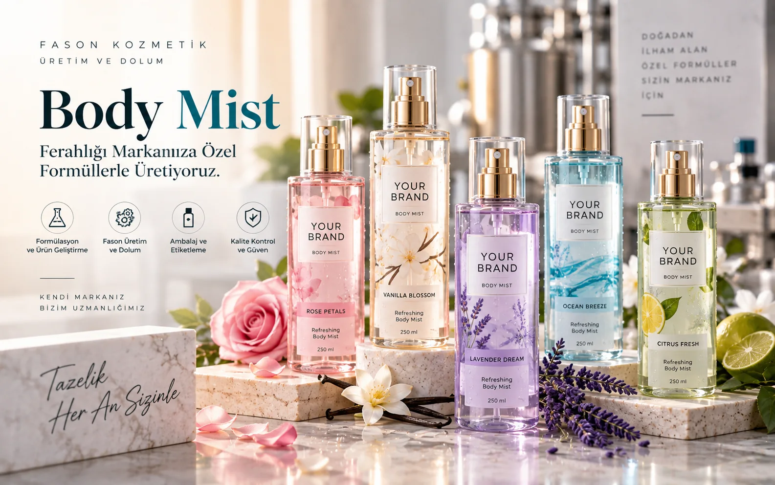 Fason üretim için body mist sprey şişeleri