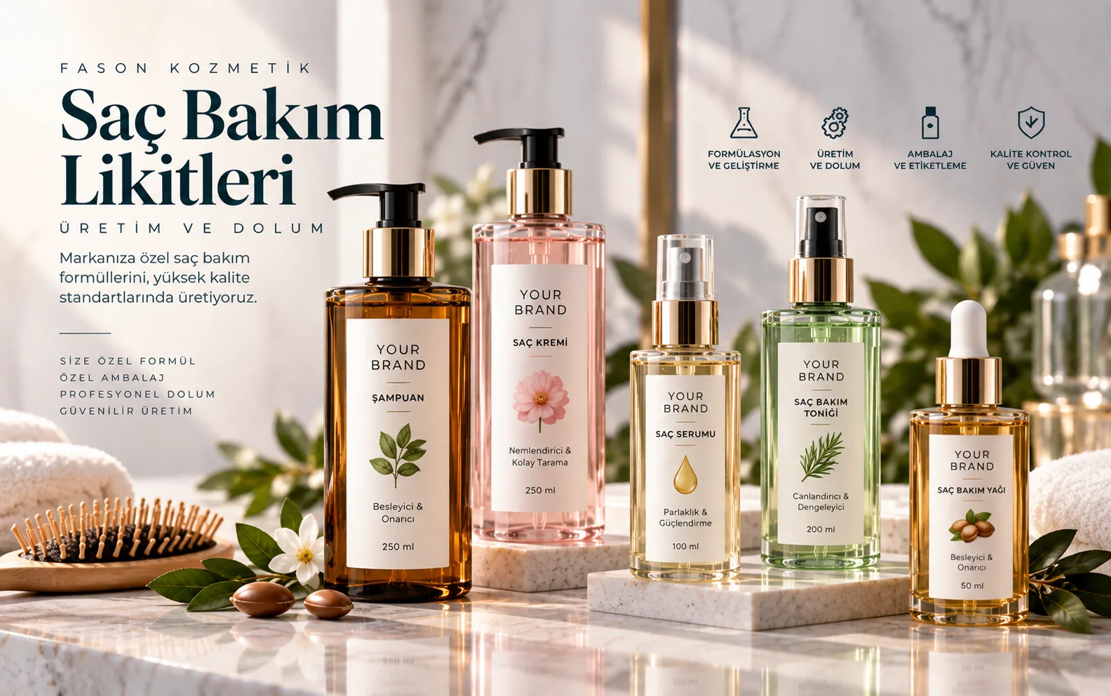 Fason üretim için likit saç bakım ürünleri