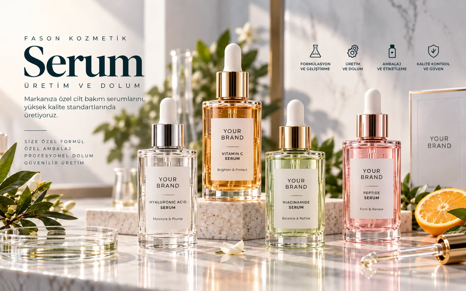 Fason üretim için damlalıklı serum şişeleri