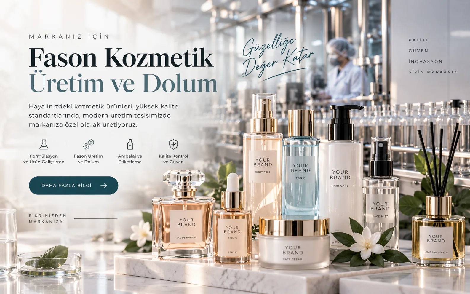 Fason kozmetik üretimini temsil eden parfüm, serum ve sprey ambalajları